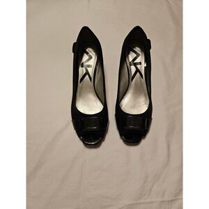 Anne Klein Sport Black Peep Toe Wedge Heels with Embellished Buckle Women Size 8